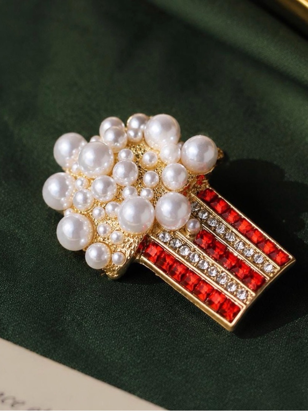 Pearl & Red Crystal Popcorn Brooch - Gold Tone
